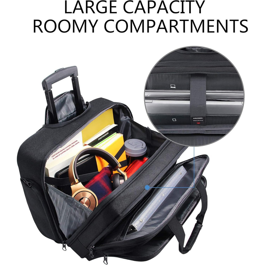 Black rolling laptop briefcase open to show roomy organizer compartments