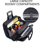 Black rolling laptop briefcase open to show roomy organizer compartments