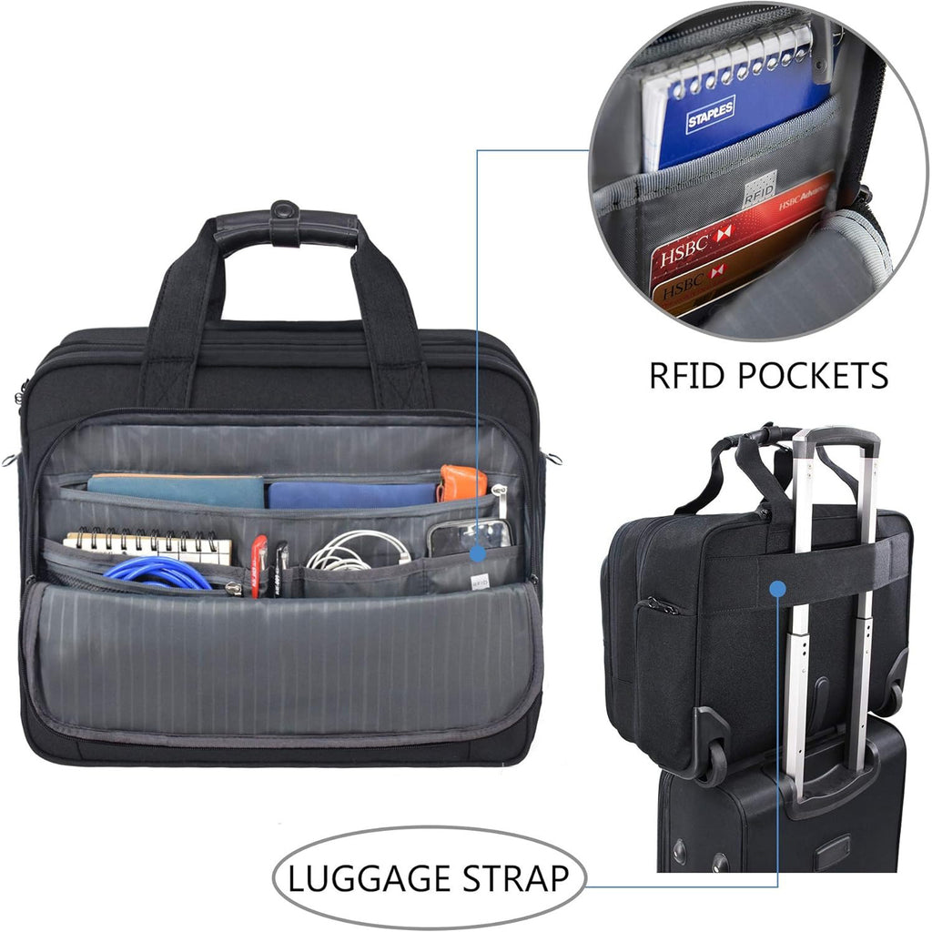 Black rolling laptop briefcase interior with RFID pocket and luggage strap