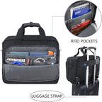 Black rolling laptop briefcase interior with RFID pocket and luggage strap