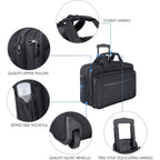 Black rolling laptop briefcase with sturdy handle, silent wheels, and zipped side pocket
