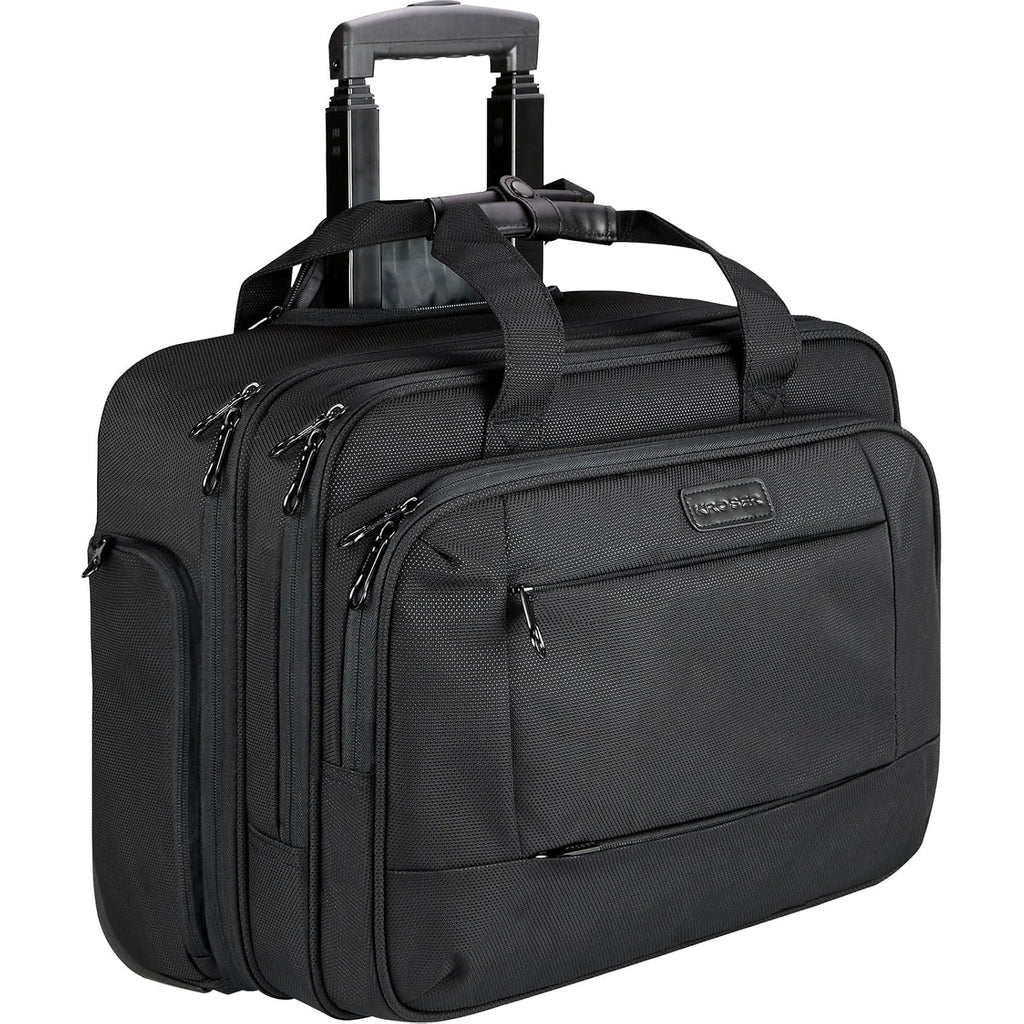 Black rolling laptop bag with telescoping handle and front zipper pockets