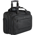 Black rolling laptop bag with telescoping handle and front zipper pockets