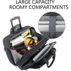 Rolling laptop bag open to reveal roomy compartments and laptop sleeve