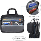 Rolling laptop bag open with internal organizers and side slip pocket panel