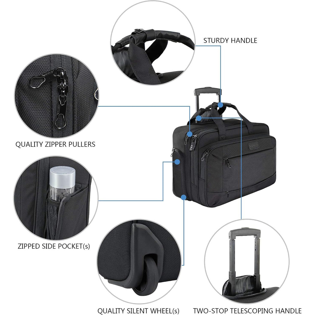 Rolling laptop bag with zipper pulls, side pocket, and silent wheels
