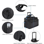 Rolling laptop bag with zipper pulls, side pocket, and silent wheels