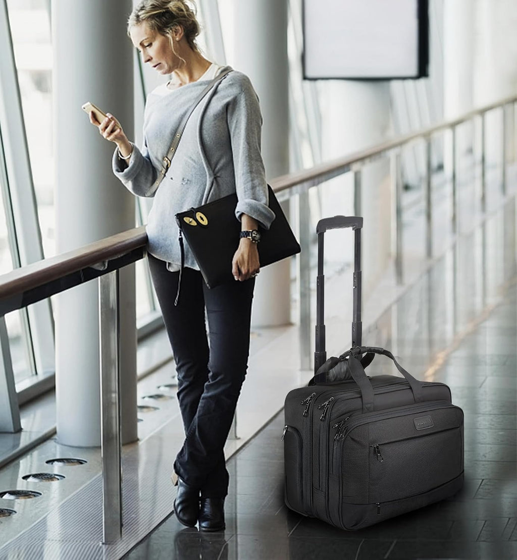 Black rolling laptop bag with telescoping handle and front compartments