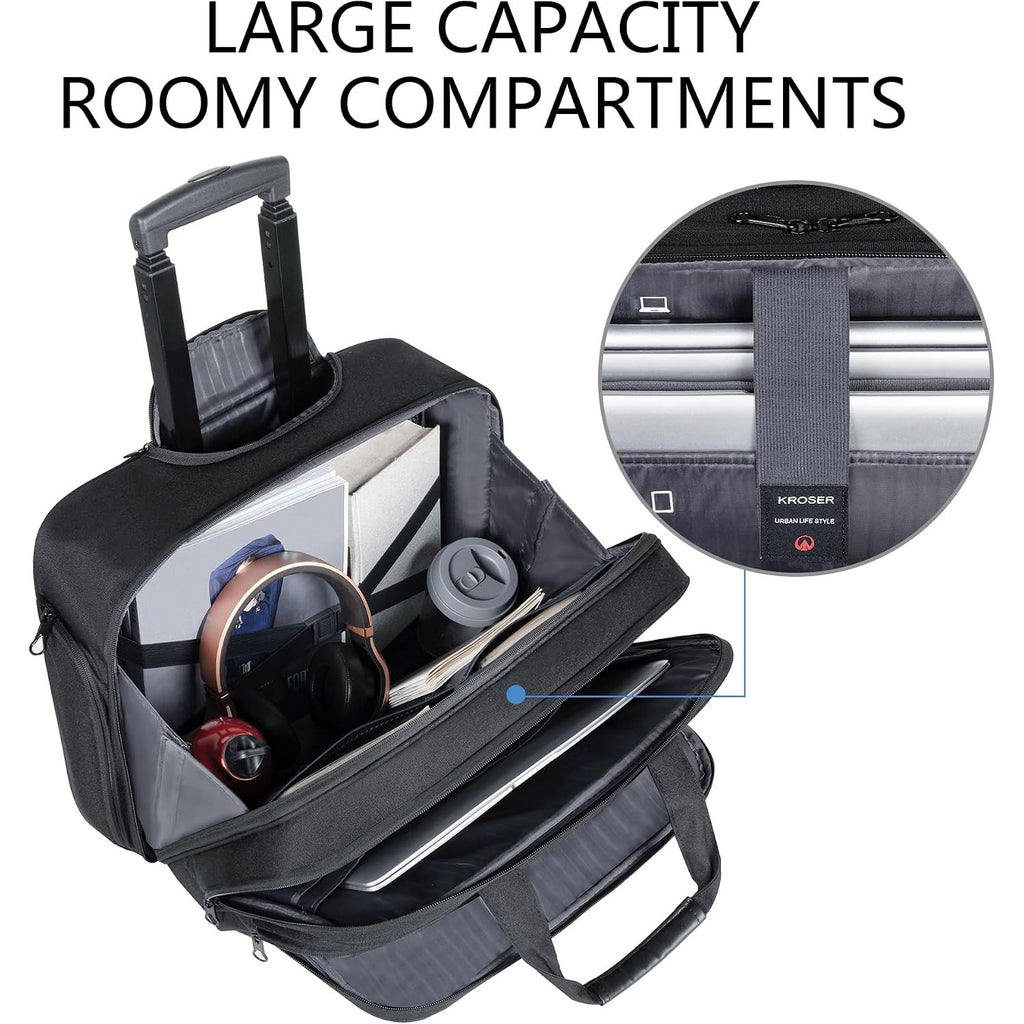 Dark rolling business briefcase open to show roomy compartments and padded internal dividers