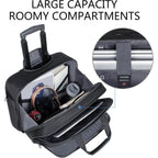 Dark rolling business briefcase open to show roomy compartments and padded internal dividers