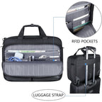 Dark rolling briefcase with open organizer interior and multiple card and document pockets