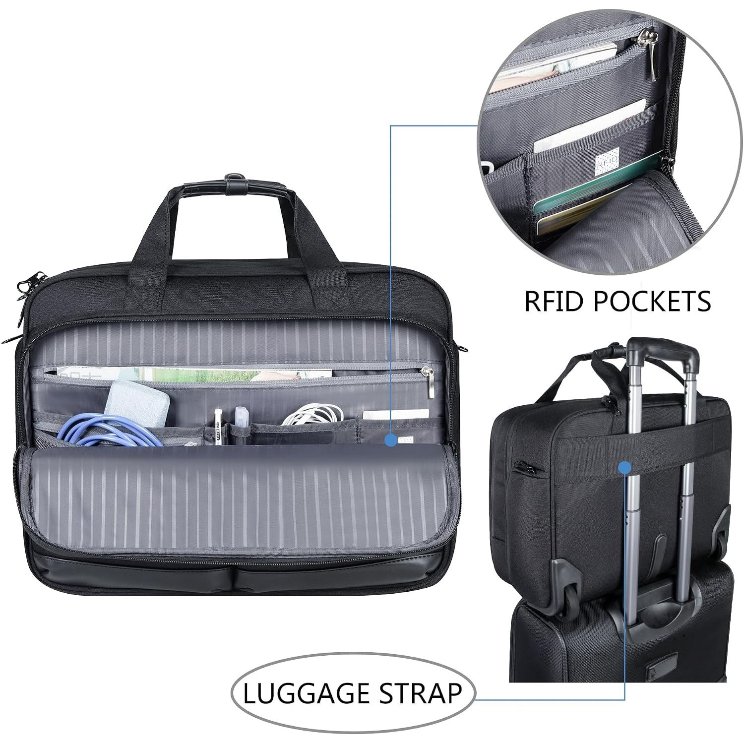 Dark rolling briefcase with open organizer interior and multiple card and document pockets