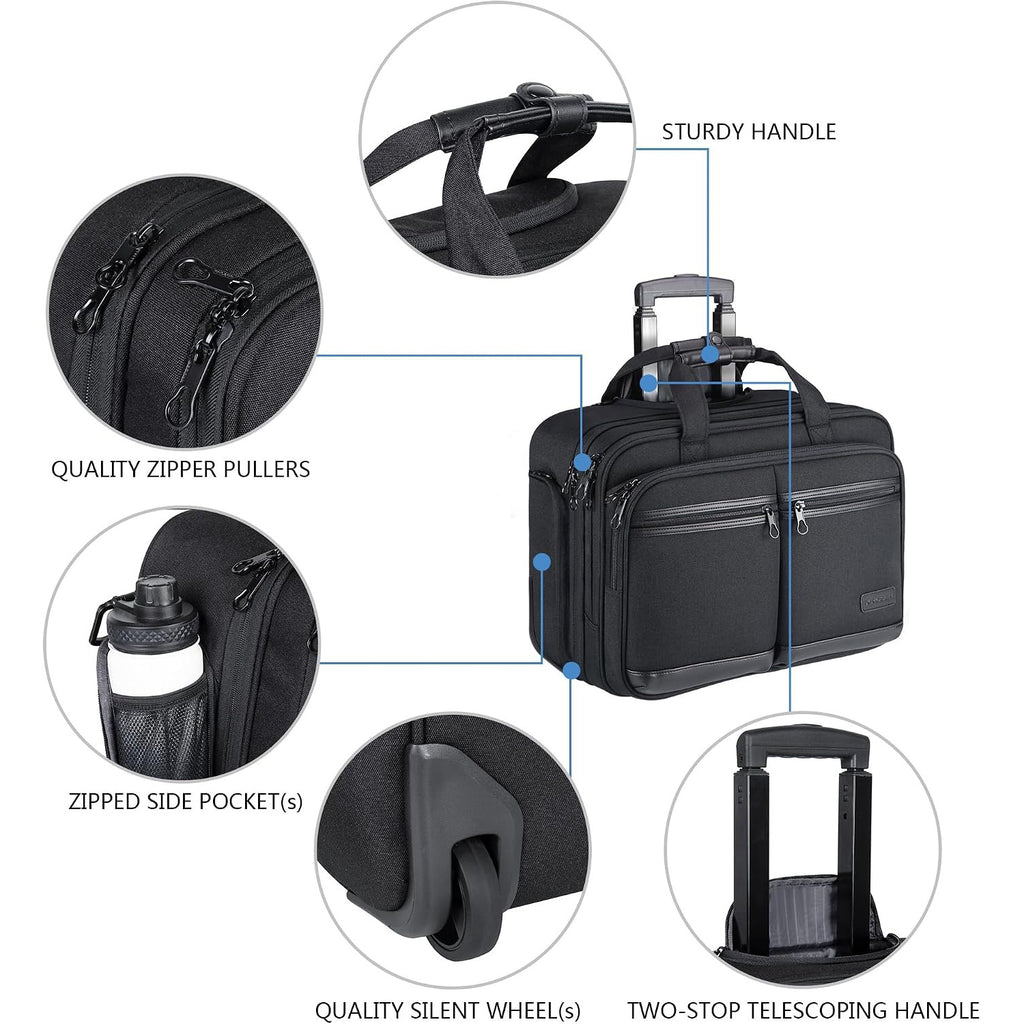 Dark rolling briefcase with sturdy handle, quality zipper pulls, and quiet wheel base