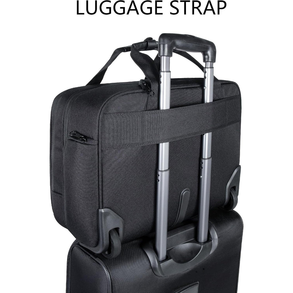 Dark rolling briefcase with telescoping handle, side luggage strap, and wheels