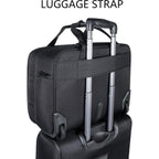 Dark rolling briefcase with telescoping handle, side luggage strap, and wheels