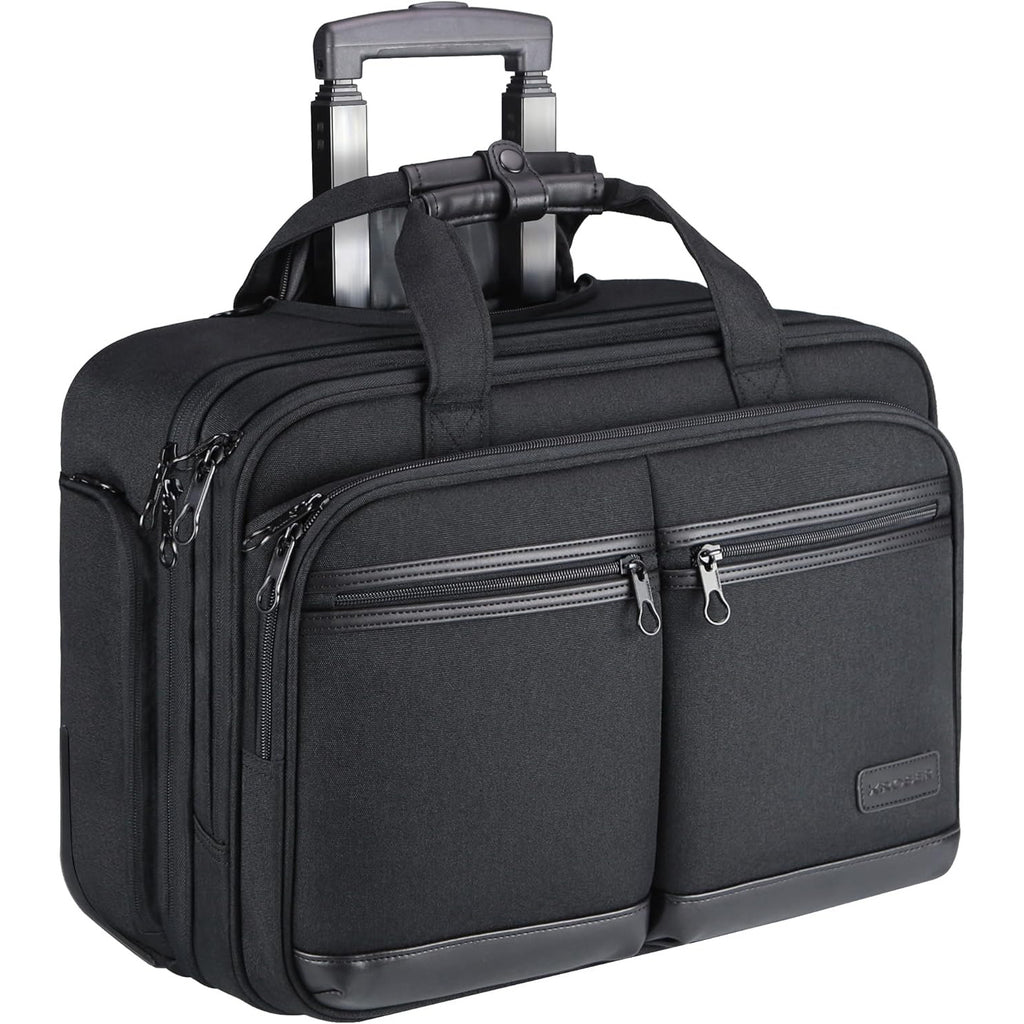 Dark rolling business briefcase with top carry handle and two front zip pockets