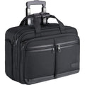Dark rolling business briefcase with top carry handle and two front zip pockets