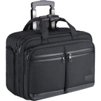 Dark rolling business briefcase with top carry handle and two front zip pockets