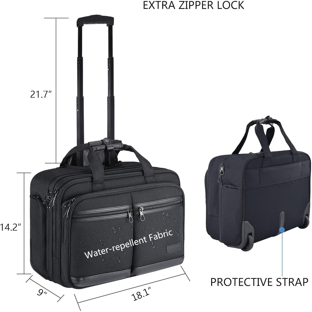 Rolling business briefcase in dark fabric with extended handle and front zip compartments