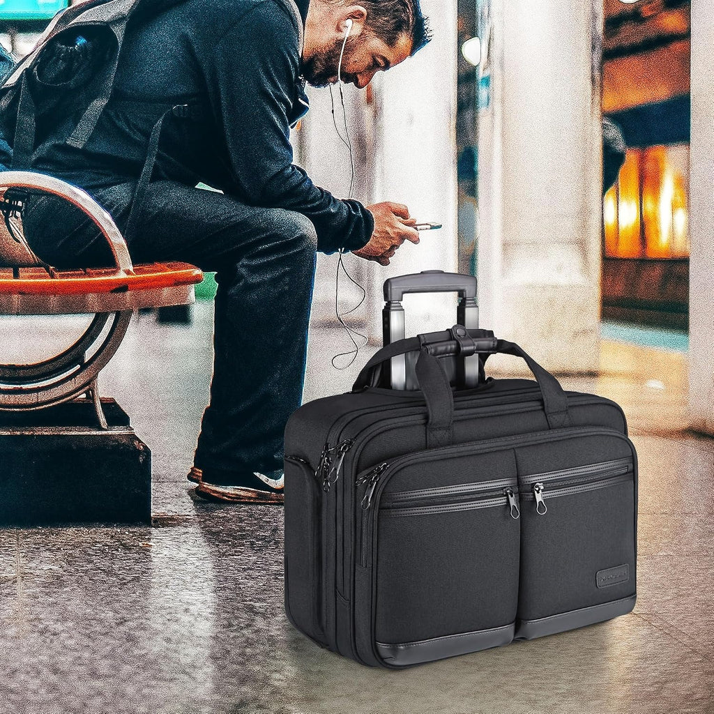 Dark rolling business briefcase with telescoping handle and wheels for work travel