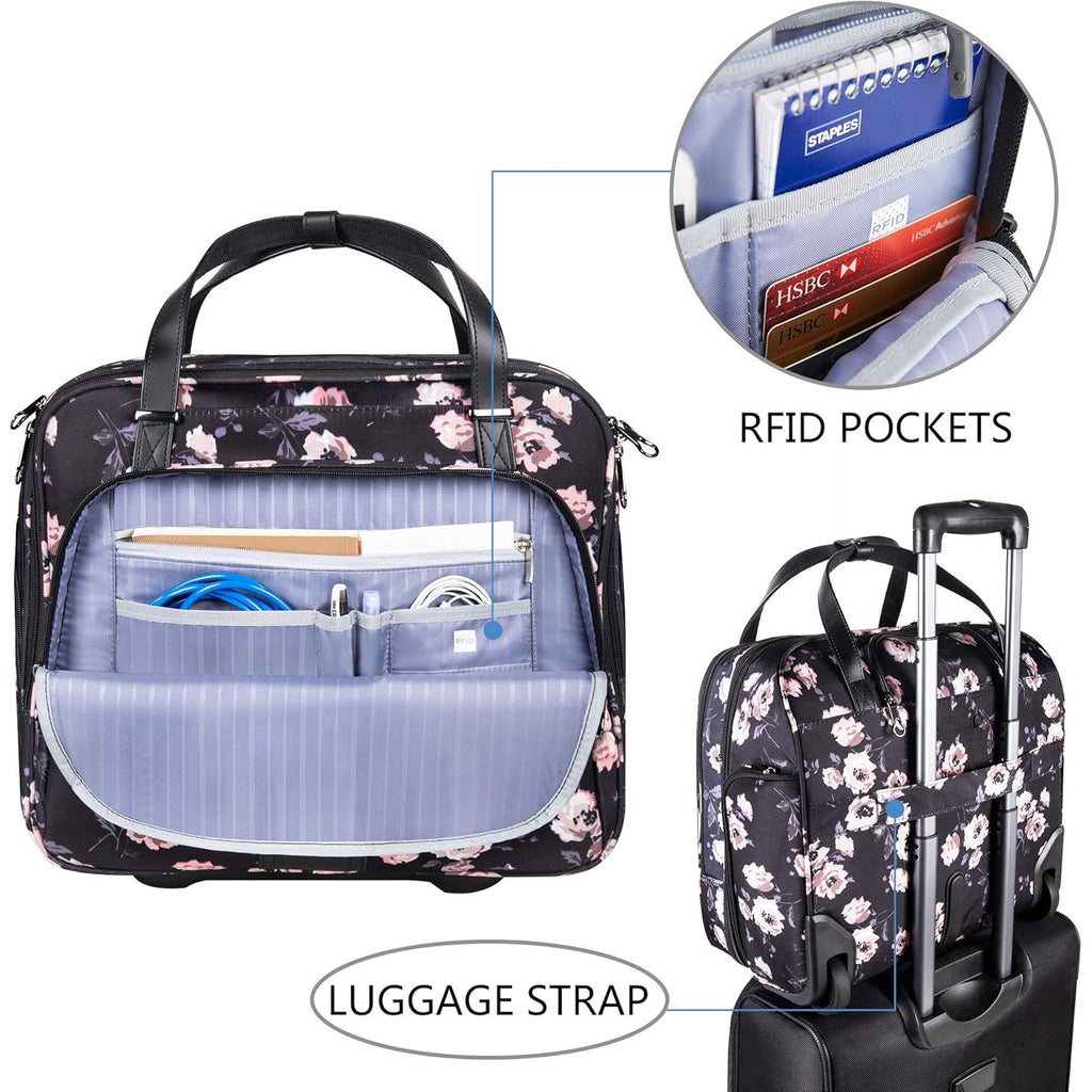 Rose-pattern rolling laptop briefcase, front and side view with zipper pocket panels