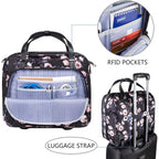 Rose-pattern rolling laptop briefcase, front and side view with zipper pocket panels