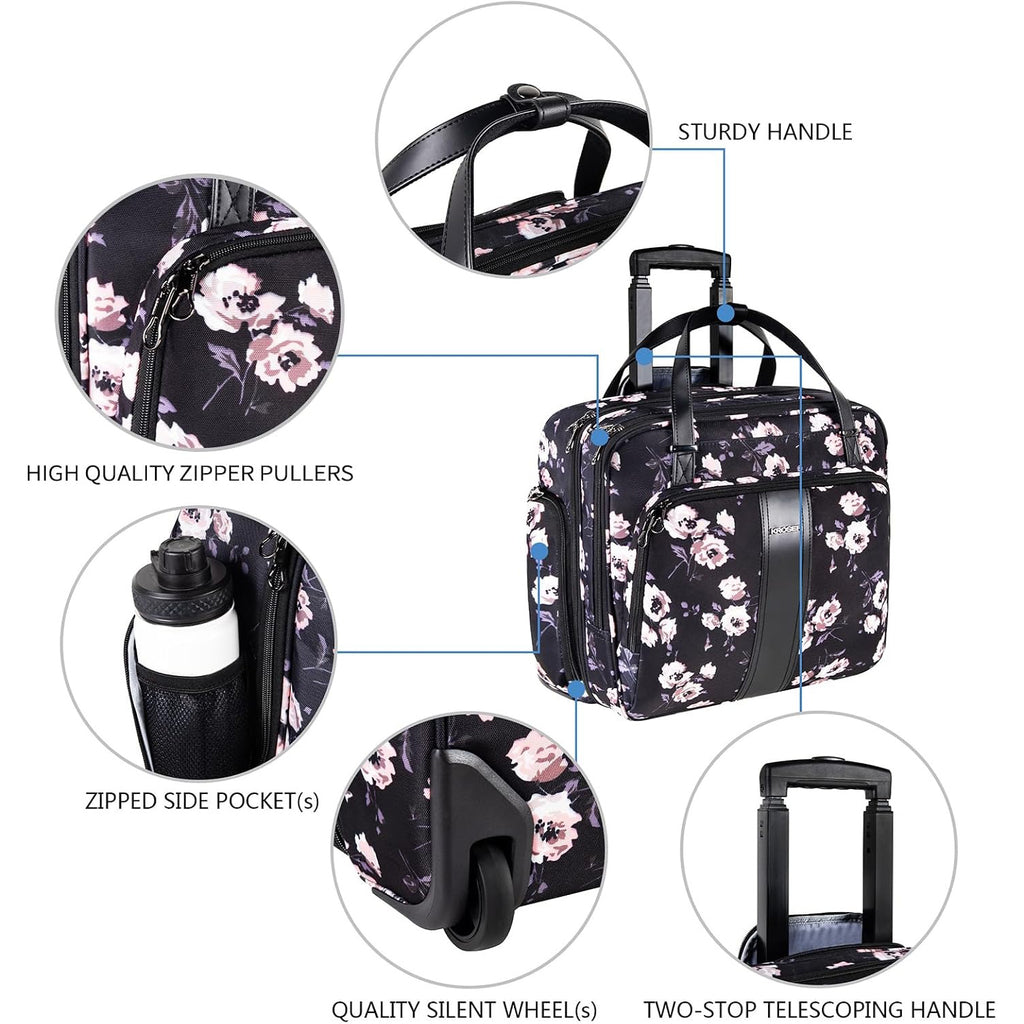 Rose-pattern rolling laptop briefcase, close-up of zipper pullers and side pocket