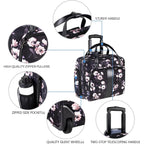 Rose-pattern rolling laptop briefcase, close-up of zipper pullers and side pocket