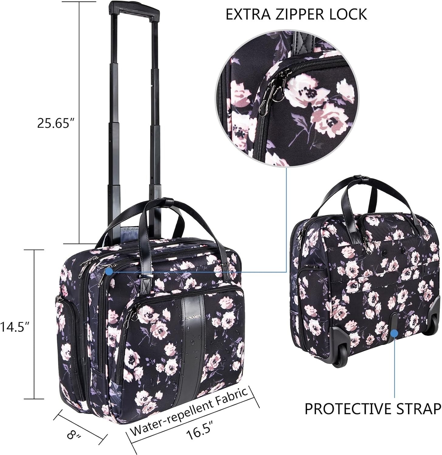 KROSER 15.6" Rose Pattern Rolling Laptop Briefcase