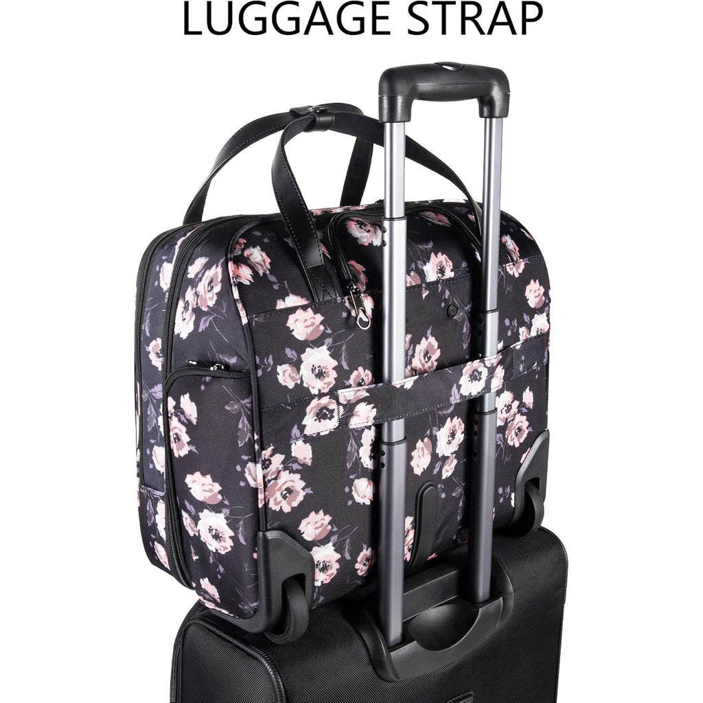 Rose-pattern rolling laptop briefcase on wheels, side view with telescoping handle