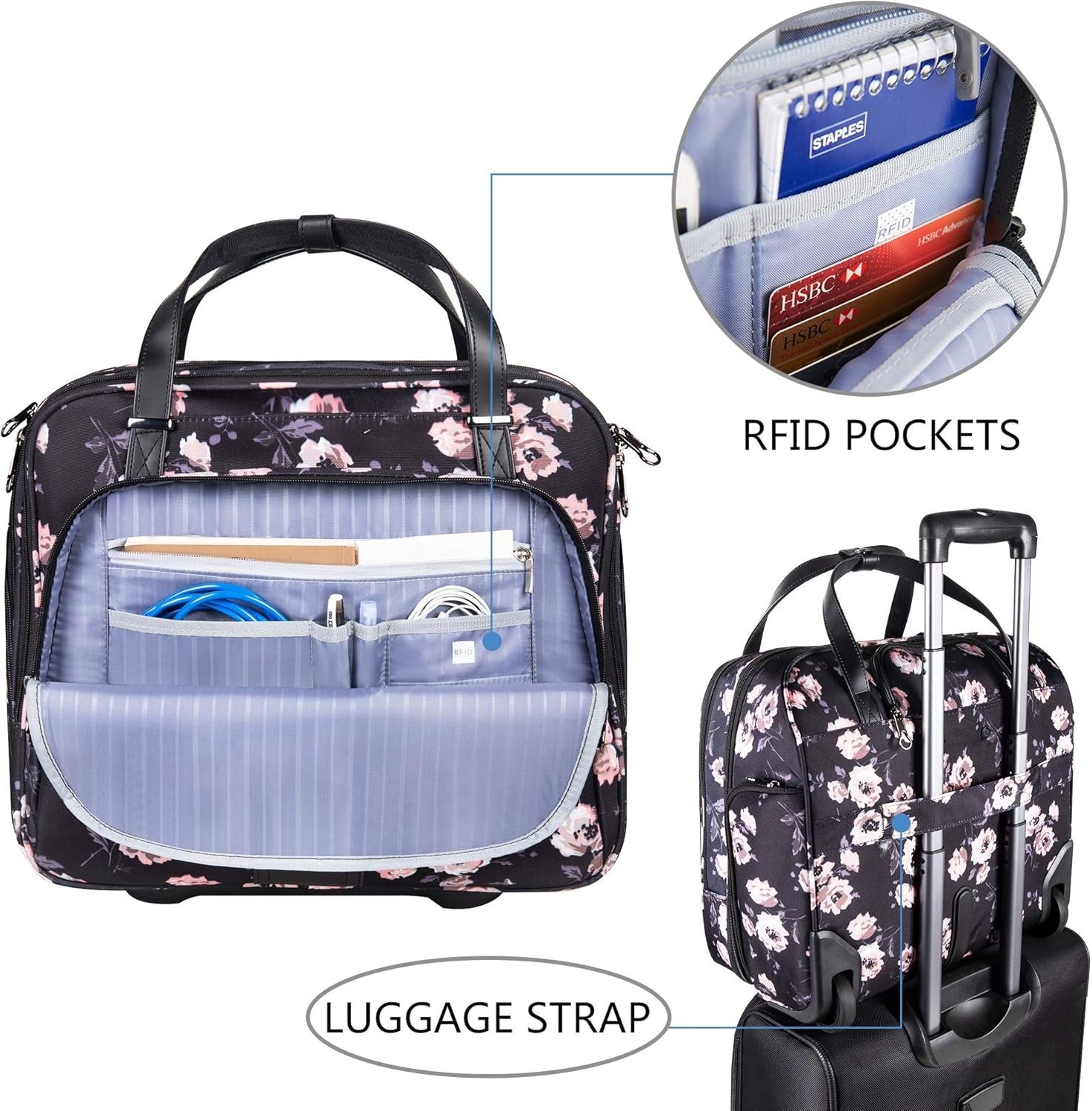 KROSER 15.6" Rose Pattern Rolling Laptop Briefcase