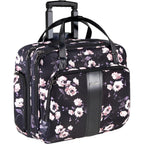 Rose-pattern rolling laptop briefcase, front view, black with pink floral print