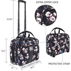 Rose-pattern rolling laptop briefcase, front with extra zipper lock and protective strap
