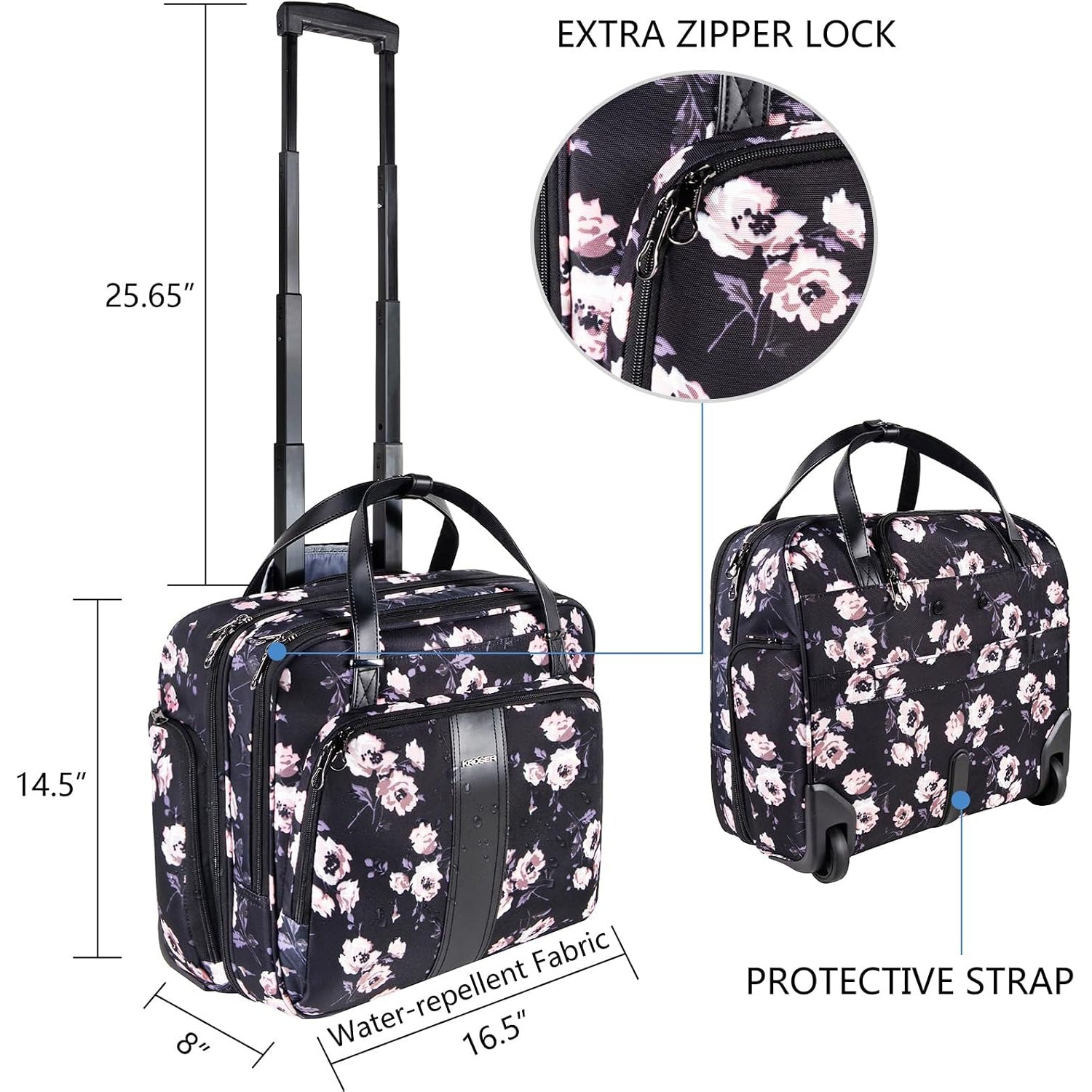 KROSER 15.6" Rose Pattern Rolling Laptop Briefcase