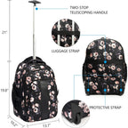 Rolling laptop backpack with luggage strap and protective strap, floral black front view