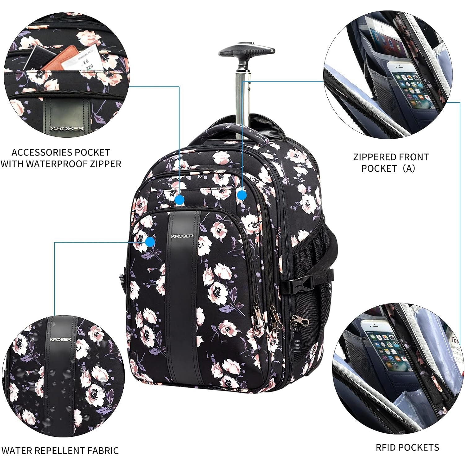 backpack roller laptop MATEIN Rolling Backpack, 17 inch Water Resistant Wheeled The recessed locking handle with a push button provides easy maneuverability Rolling Backpack for Women -
