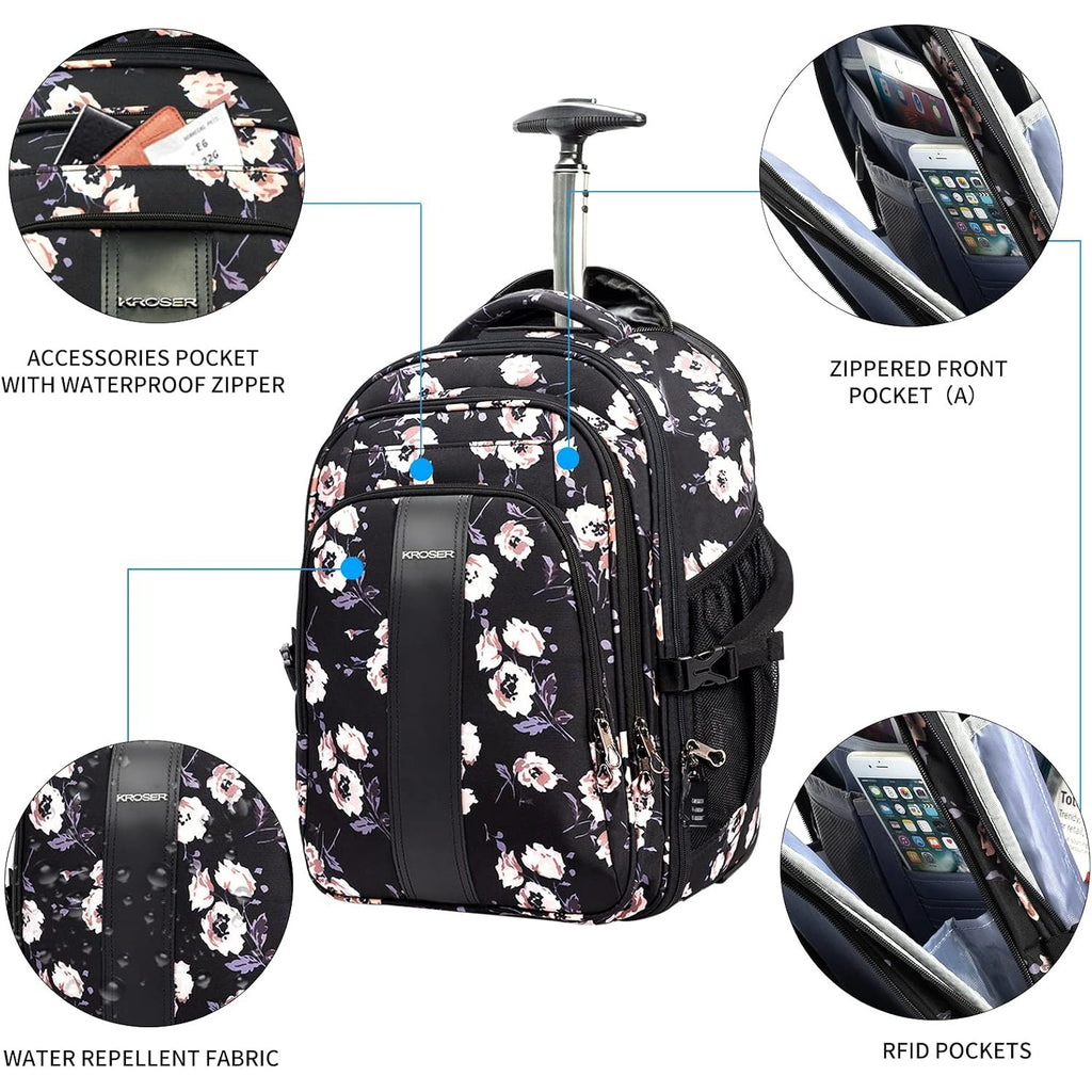 Rolling laptop backpack with front zipped pocket and waterproof accessory pocket, black floral