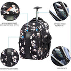 Rolling laptop backpack with front zipped pocket and waterproof accessory pocket, black floral