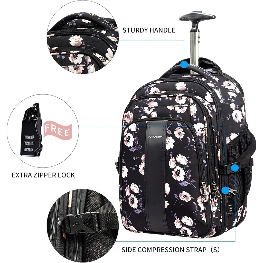 Rolling laptop backpack front with zipper lock and side compression straps, black floral