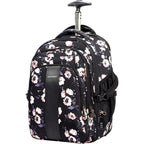 Rolling laptop backpack with floral print and telescoping handle, black with pink flowers