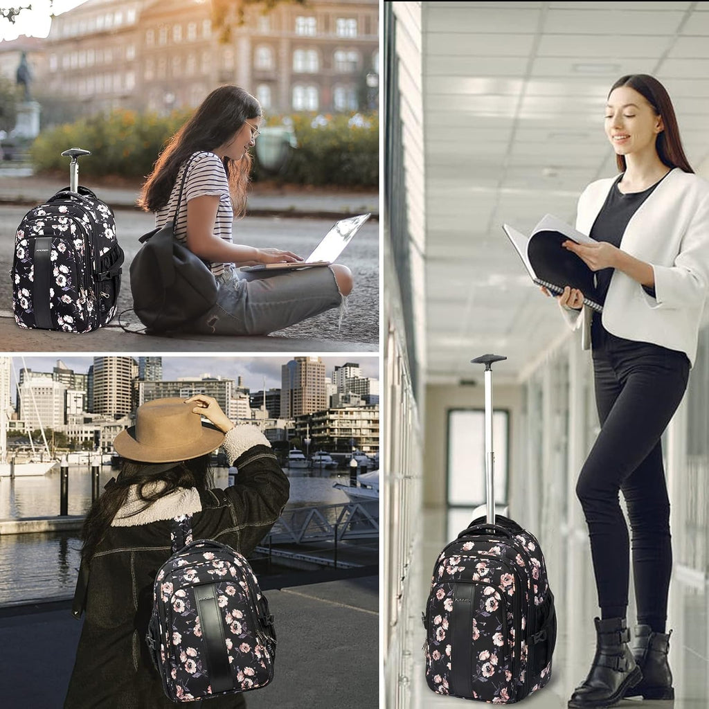 Rolling laptop backpack carried on shoulder, telescoping handle; black floral, pink flowers