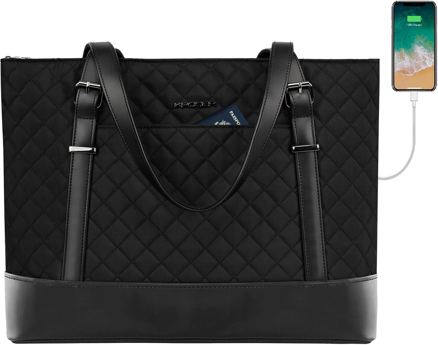 KROSER 15.6" Quilted Laptop Tote Bag with USB
