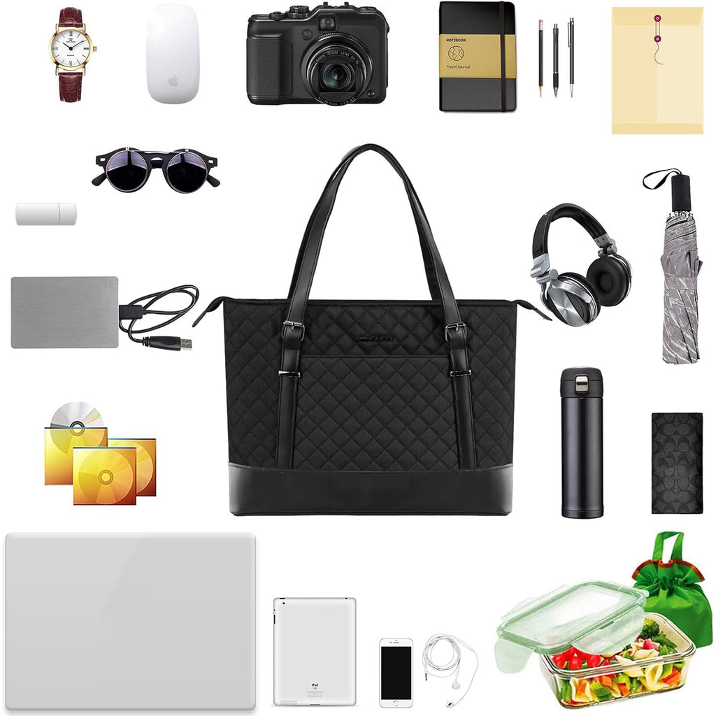 Black quilted laptop tote bag with dual handles and front panel quilting