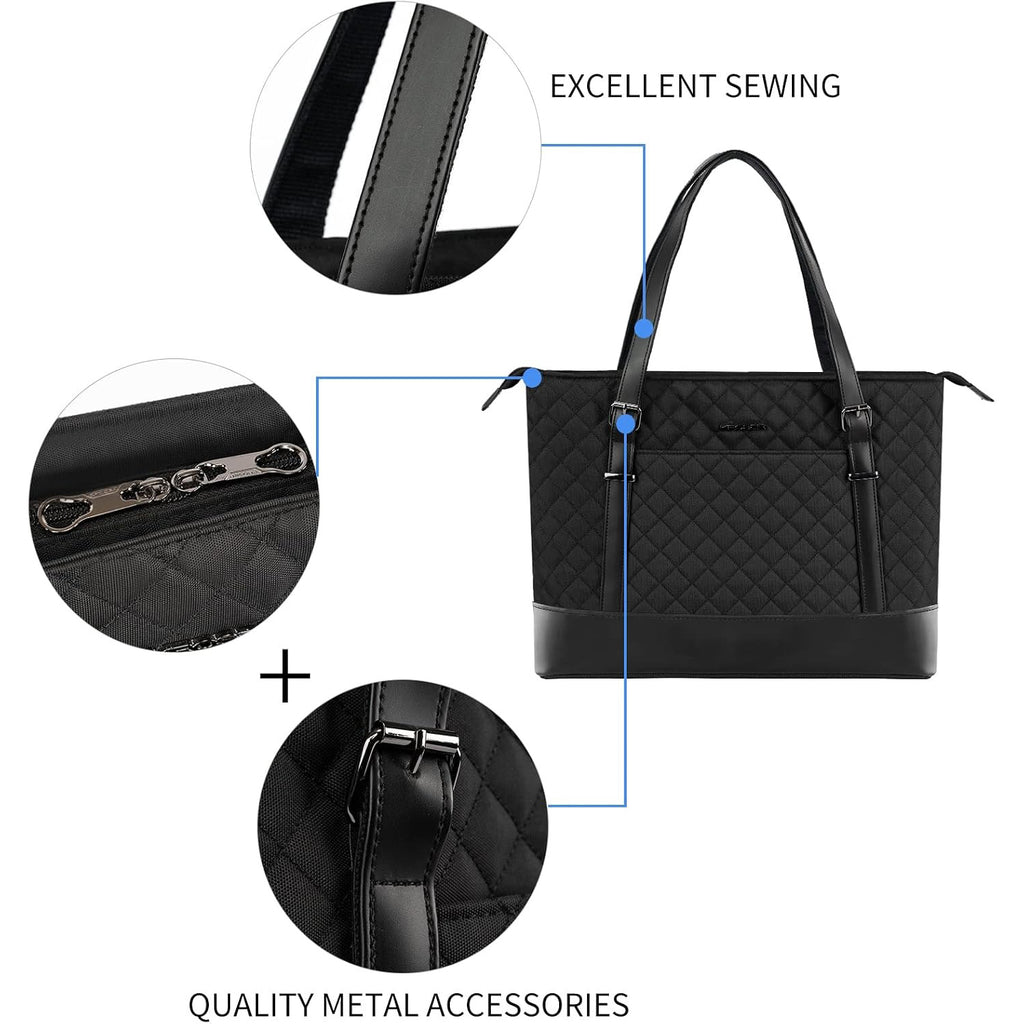 Quilted laptop tote bag with reinforced seams and metal hardware on handles