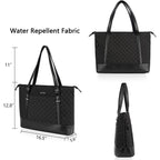 Black quilted laptop tote bag with dual handles and adjustable shoulder strap