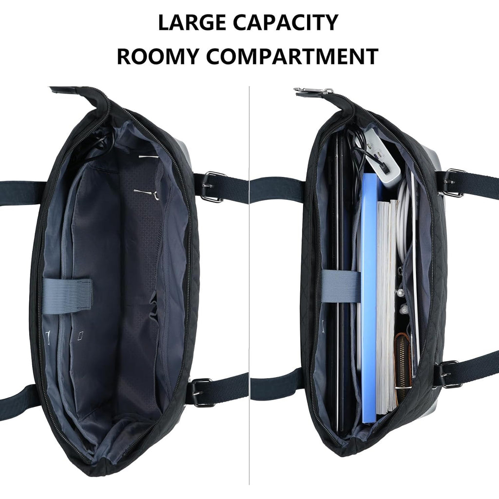 Black quilted laptop tote bag open to show roomy interior compartment