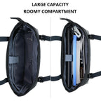 Black quilted laptop tote bag open to show roomy interior compartment