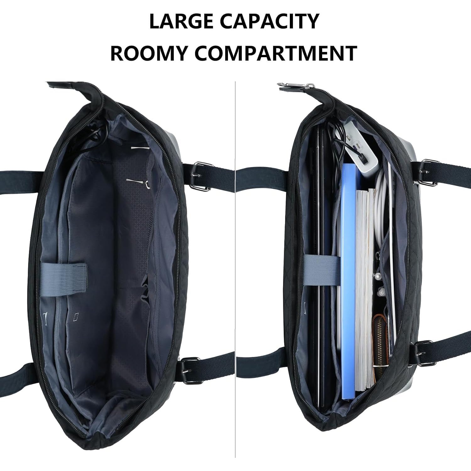 Black quilted laptop tote bag open to show roomy interior compartment