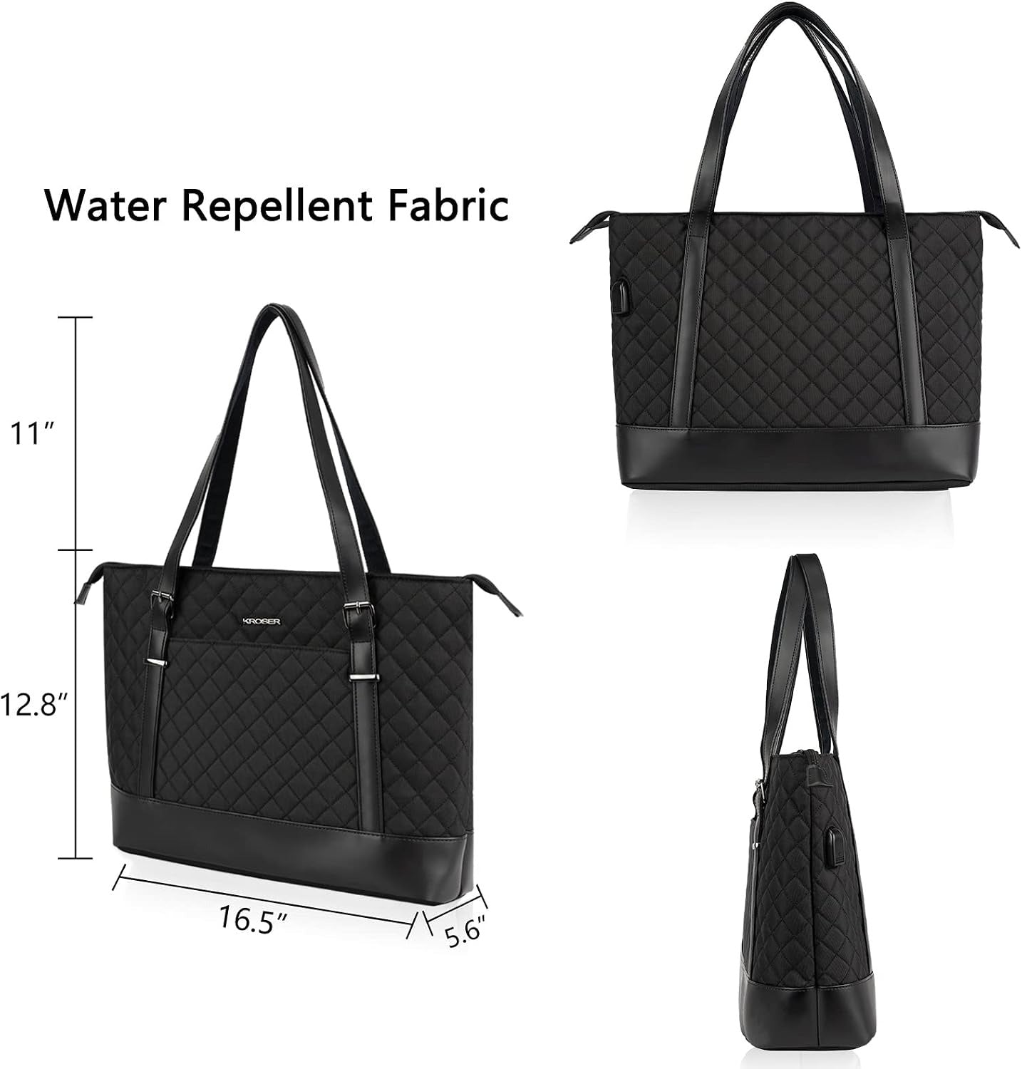 KROSER 15.6" Quilted Laptop Tote Bag with USB
