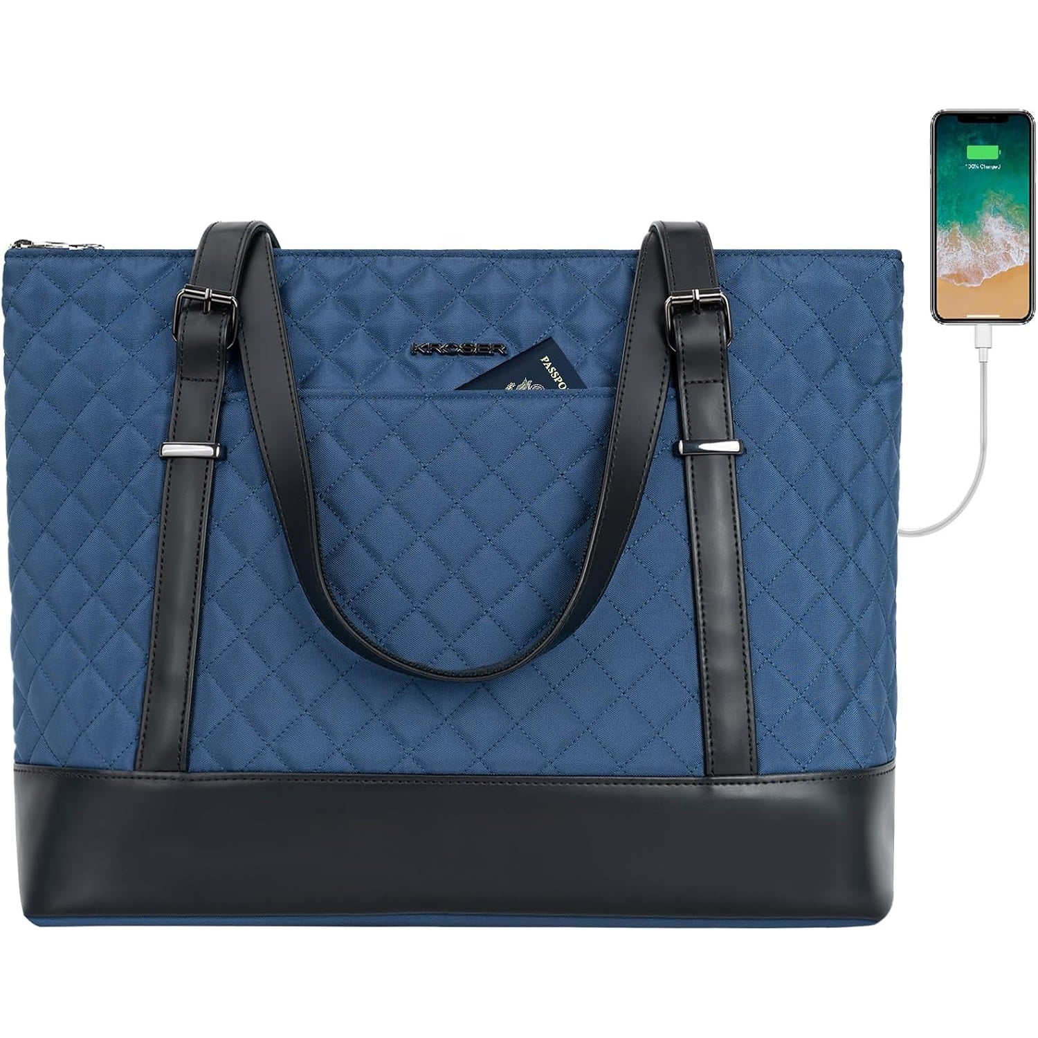 Quilted laptop tote bag in blue with top handles and black base